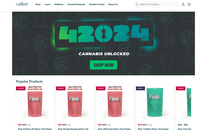 A Curaleaf website page highlighting 4/20 cannabis specials. 