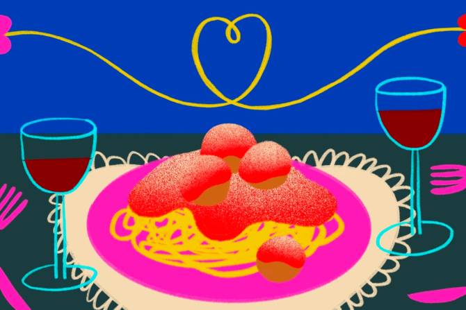 Illustration of spaghetti and meatballs between two cups of wine.