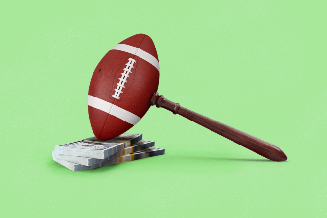 Stack of money with a football-shaped gavel coming down on it