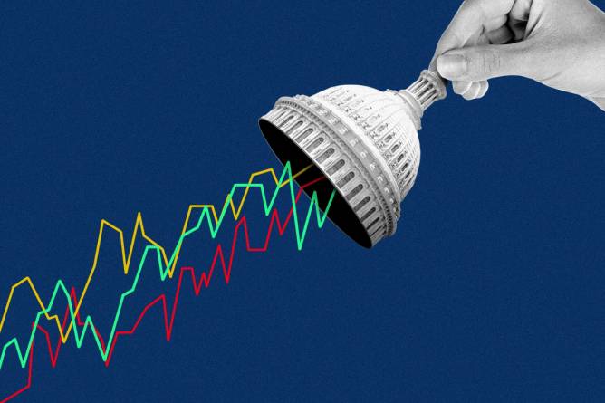 Graphic showing stock market lines being capped by the US Capitol building