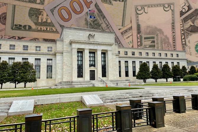 The Federal Reserve building with money behind it.