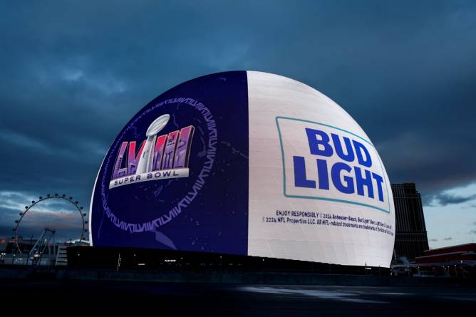 Las Vegas Sphere showing an ad for Bud Light and a Super Bowl promotion