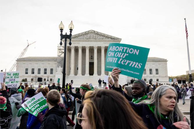 Abortion demonstrators gather in front of the Supreme Court