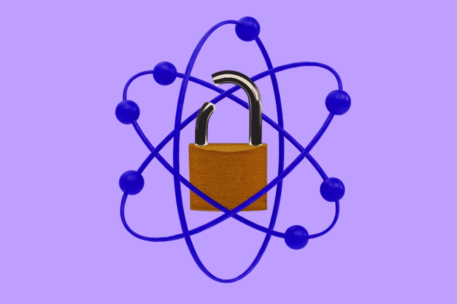 An illustration features a golden, unlocked padlock at the center of a blue atom model with orbiting electrons, all set against a solid light purple background.
