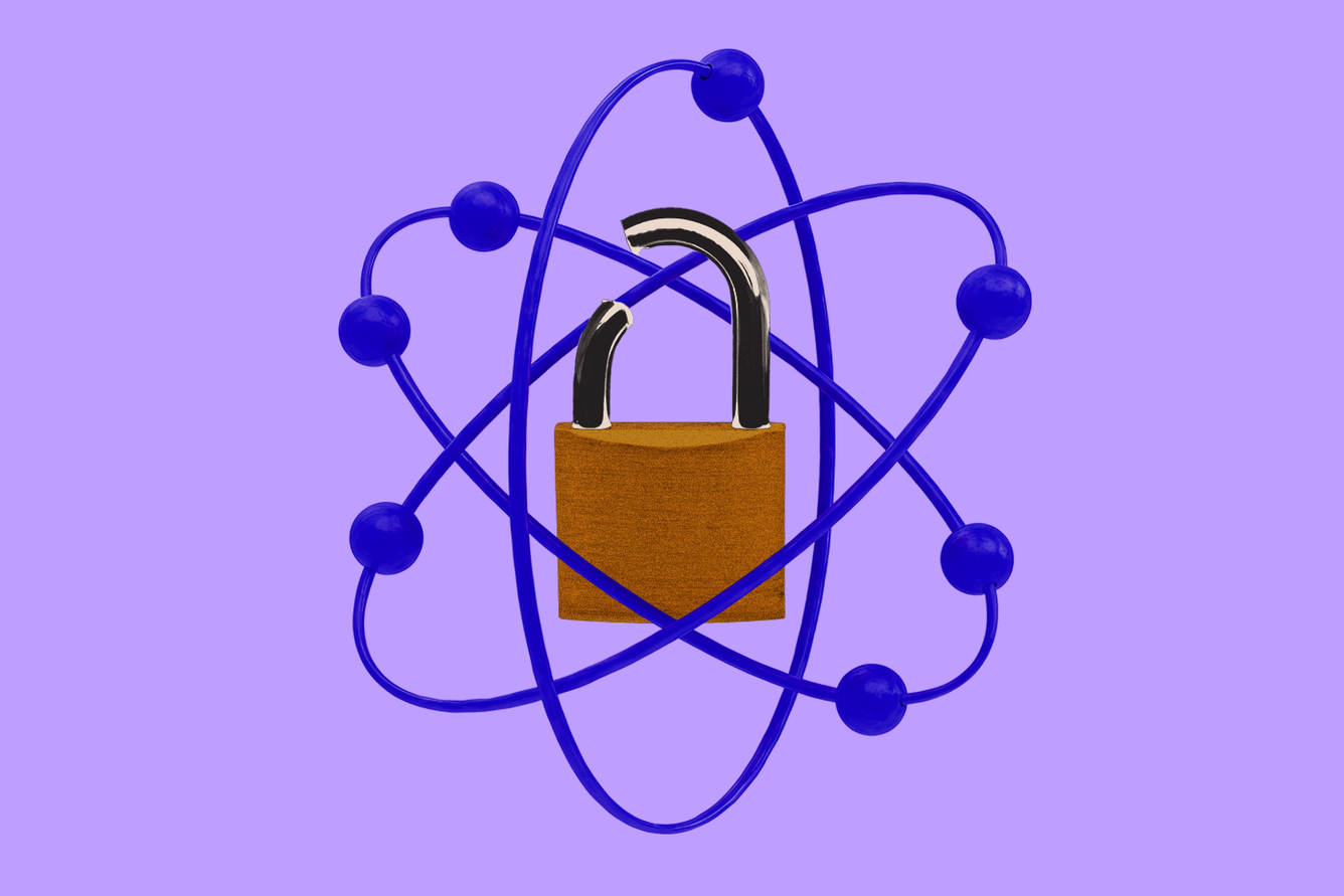 An illustration features a golden, unlocked padlock at the center of a blue atom model with orbiting electrons, all set against a solid light purple background.