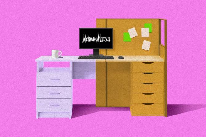 a pink background with a desk split into two - on one side is a cubicle-style and the other is a home office setup. In the center is a computer monitor that says Neiman Marcus