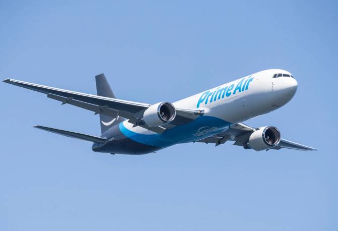 An Amazon-branded Boeing 767 freighter.