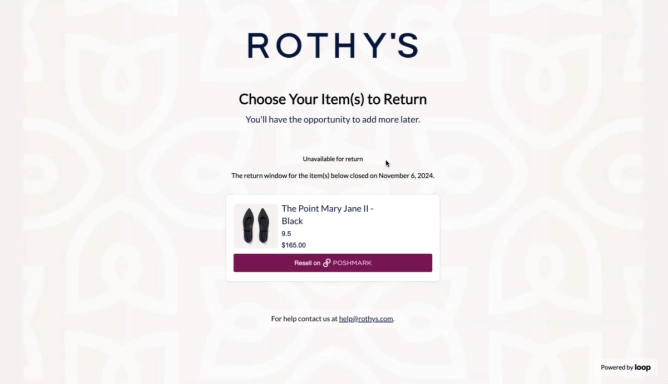 A screen-grab from Rothy's app shows how reselling an item through Poshmark is an option when a return window closes. 