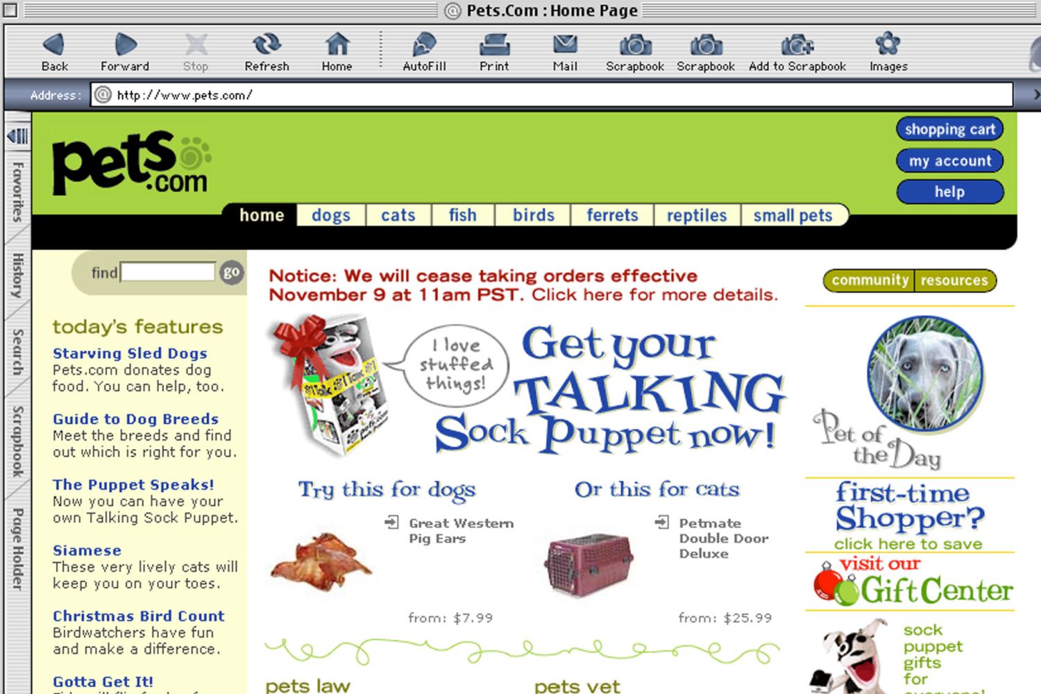 Screenshot of an early iteration of the pet.com homepage. The design is crowded with lots of links and decorative dividers.
