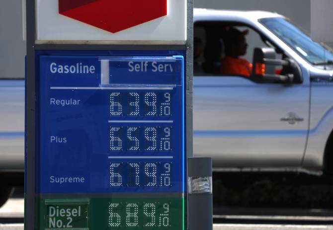 An image of high gas prices at a Chevron station in California. 