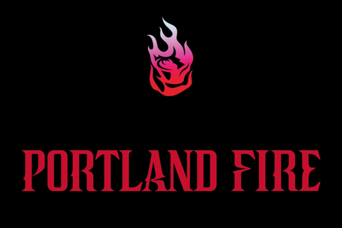 Portland Fire in red font with a flaming rose icon on a black background, the branding for the new WNBA team Portland Fire 