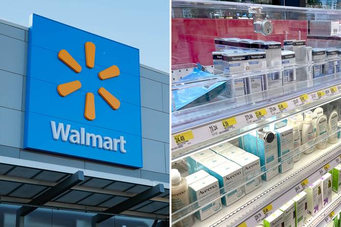 Walmart sign next to lotions and face creams behind security locks.