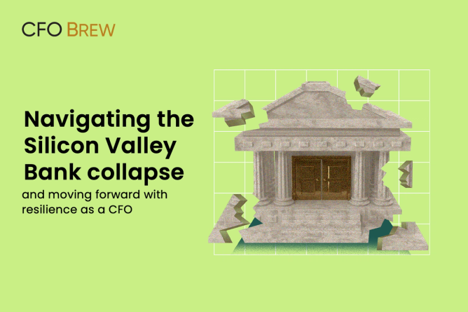 Image of a Greek-revival style bank fractured and crumbling to the ground.