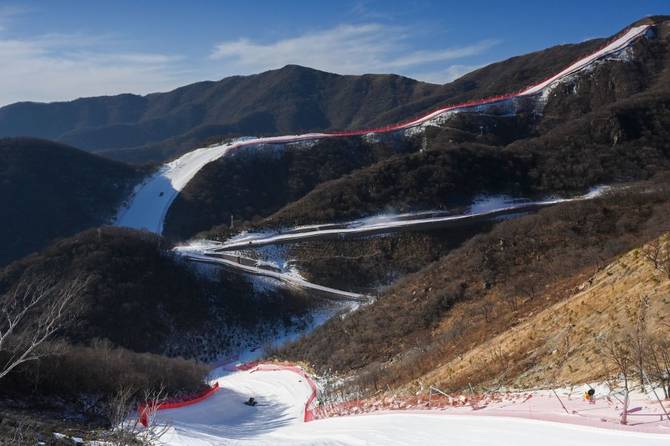 View of the alpine ski track in Yanqing on January 14, 2022, ahead of the 2022 Beijing Winter Olympic Games