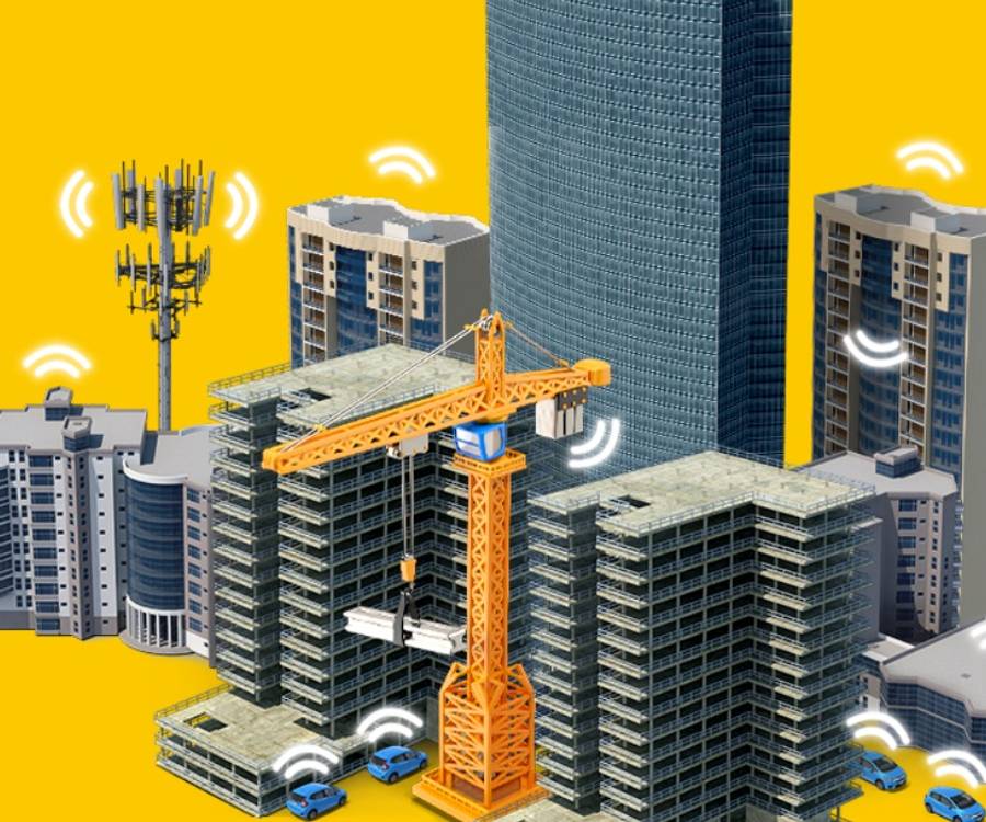 A city with building and 5g signals coming out of he 
