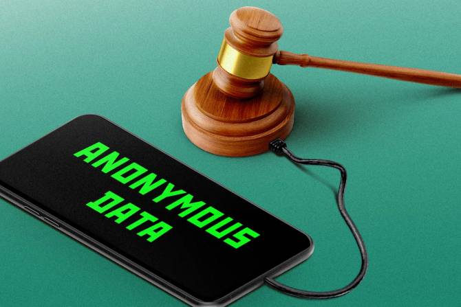 a gavel coming down on a phone that says "anonymous data"