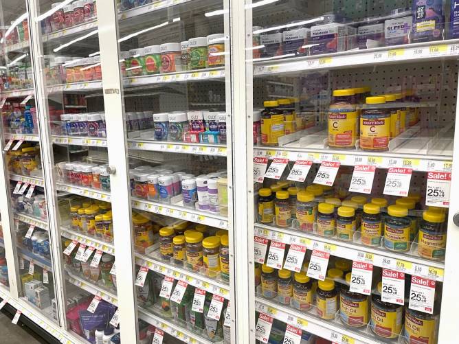 Merchandise in locked cases at a Target.