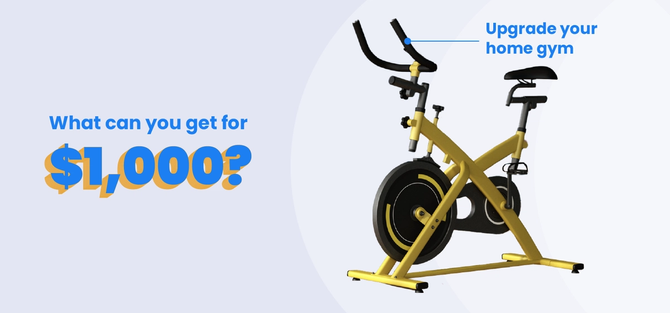A promo image for the $1,000 giveaway featuring an exercise bike