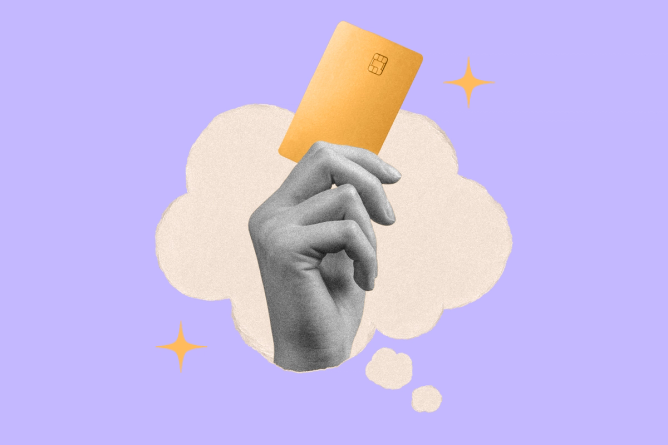 A hand holding up a credit card through a thought bubble