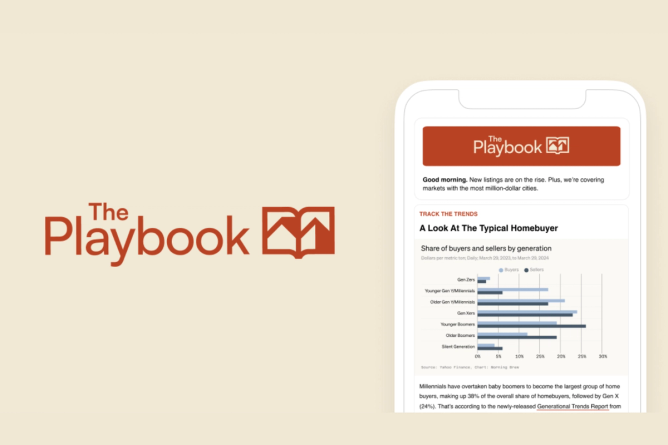 A graphic featuring the logo for The Playbook and a rendering of a smartphone with the newsletter on it. The article on the screen reads "A Look at the Typical Home Buyer" with a bar graph underneath with related data.