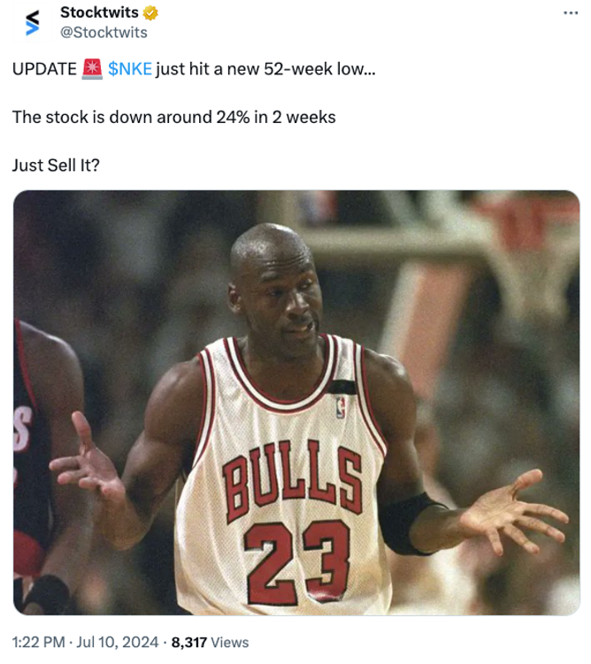 Tweet about Nike hitting new all time low