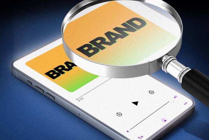 a magnifying glass looking at a podcast on a phone that just says the word "BRAND"