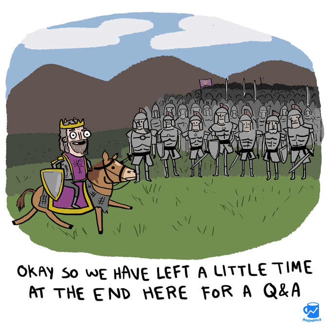 A military leader on the horse asking for questions