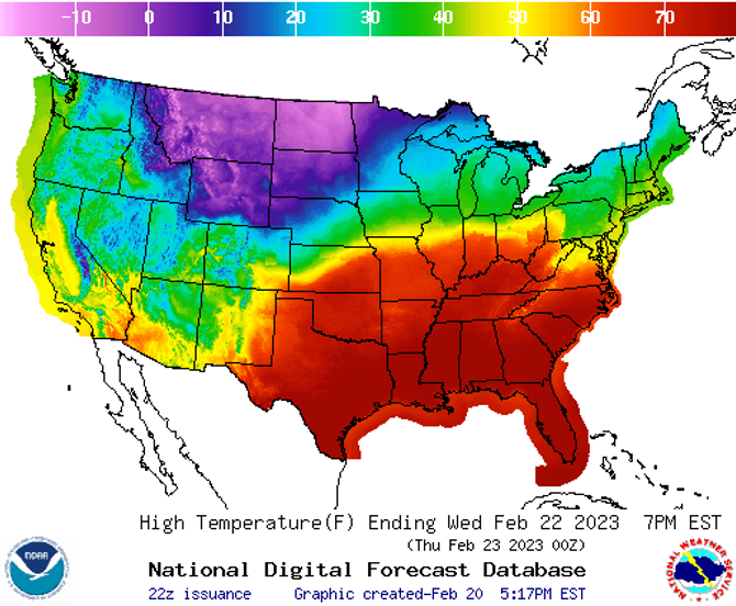 A weather map showing extreme temperatures