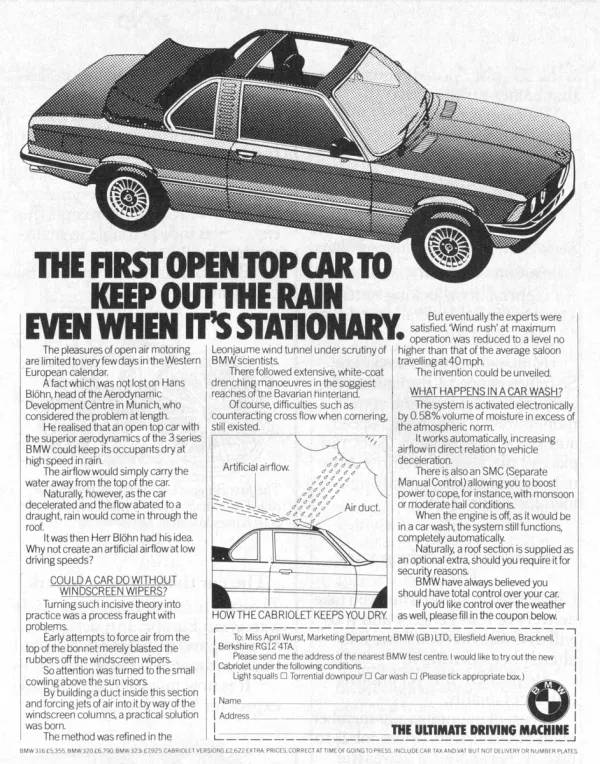 A print ad for a rain-proof sunroof, a BMW April Fool's prank from 1983.