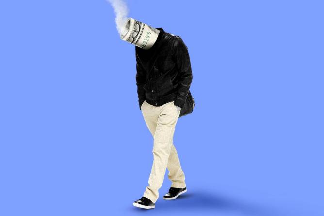 A person with a dollar bill for a head