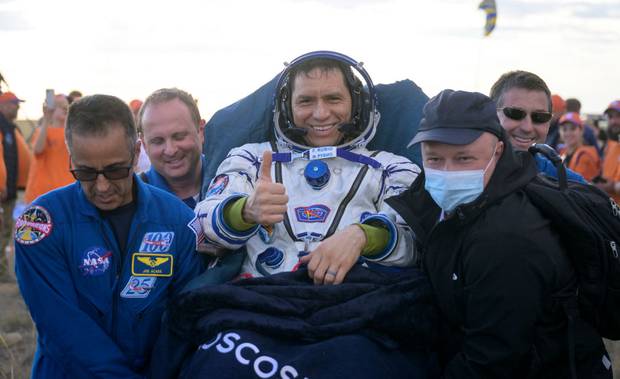 Expedition 69 NASA astronaut Frank Rubio is carried to a medical tent shortly after he, and Roscosmos cosmonauts Dmitri Petelin and Sergey Prokopyev landed in their Soyuz MS-23 spacecraft on September 27, 2023