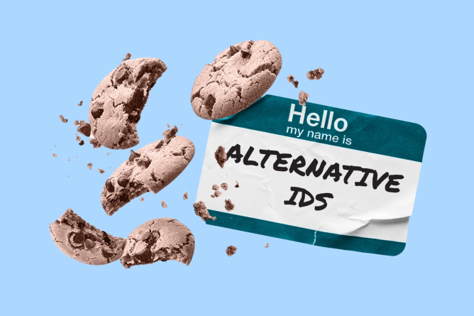 Multiple chocolate chip cookies breaking a part next to a name tag labeled “Alternative IDs”