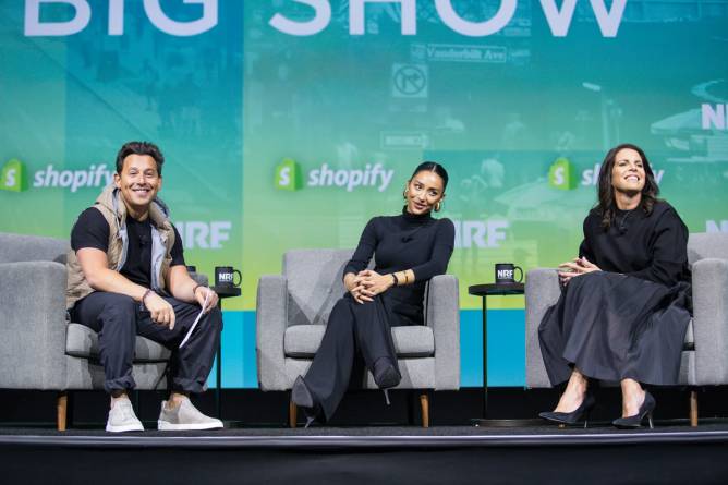 Shopify president Harley Finkelstein, Beis founder Shay Mitchell, and Glossier CEO Kyle Leahy on stage at NRF