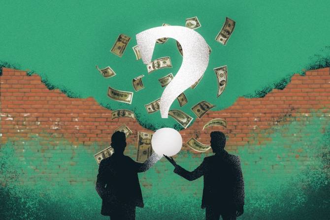 silhouettes and a big question mark with dollar bills floating in the air