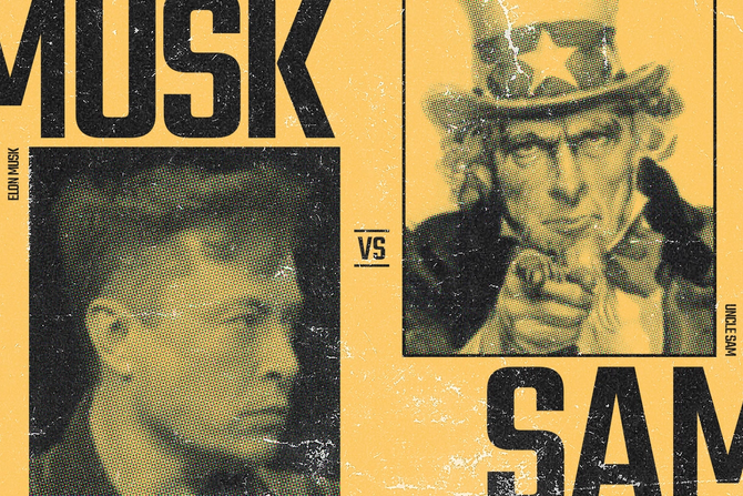 Old timey boxing poster of Musk and Uncle Sam