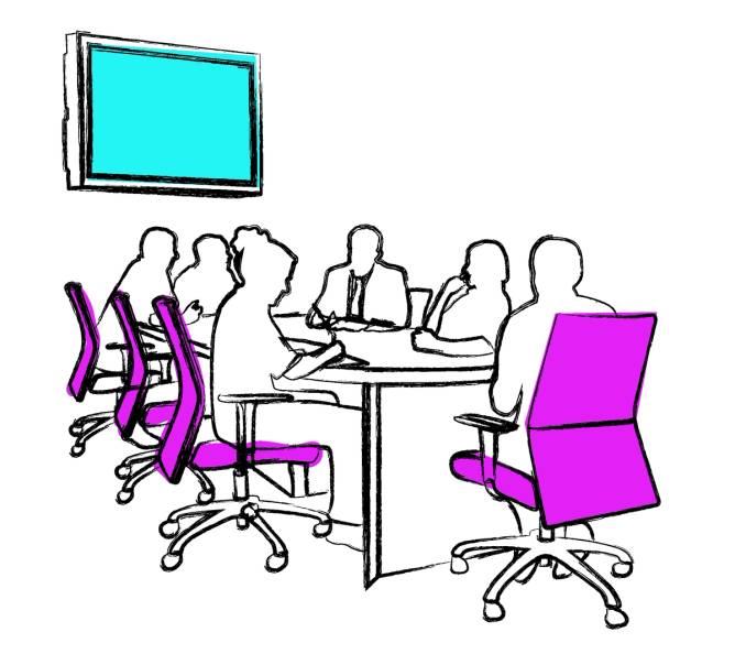 Art of figures in pink chairs talking in person at a board table with a projector in the background with blue coloring