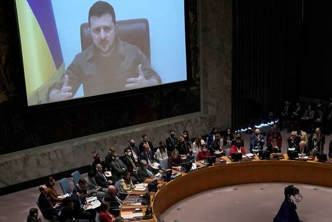 President Volodymyr Zelensky, of Ukraine, addresses a meeting of the United Nations Security Council in New York City