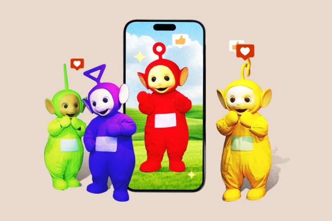 Teletubbies surrounded by a phone with blue skies and grassy hill wallpaper.