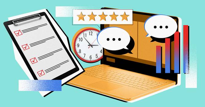 various clip images signifying a performance reviews, including five stars, speech bubbles, an abstract checklist, and bar graph