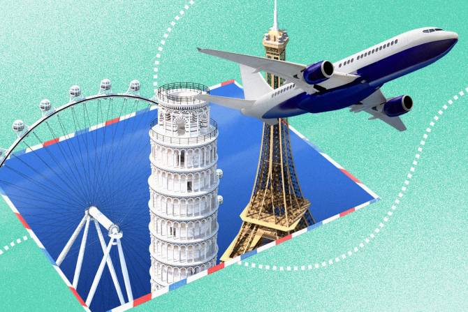 Collage of famous European landmarks with a plane 