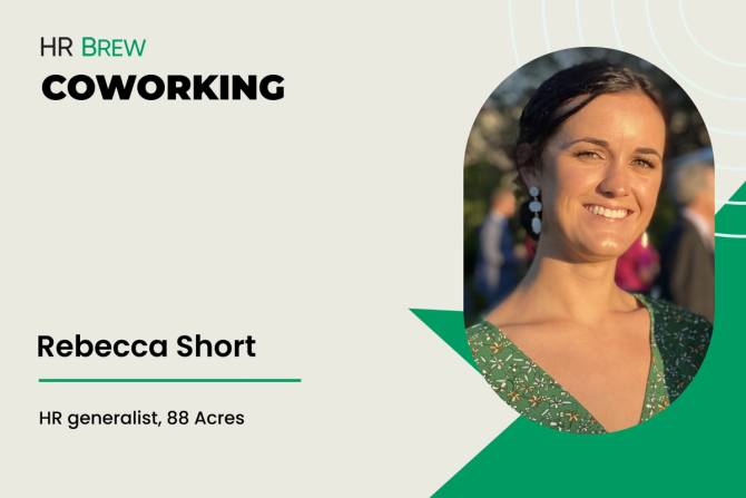 a headshot of a woman in the sun smiling next to the text: HR Brew Coworking, Rebecca Short, HR generalist, 88 Acres