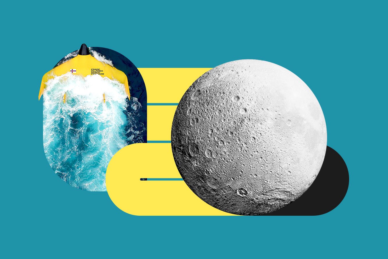 Photo collage of Luna 12, a tidal kite, and the moon.