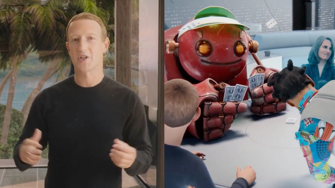 split image of mark zuckerberg speaking in left pane, and metaverse avatars playing cards in right