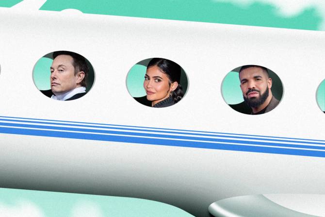 A photo illustration of a private jet with celebrities looking out the window