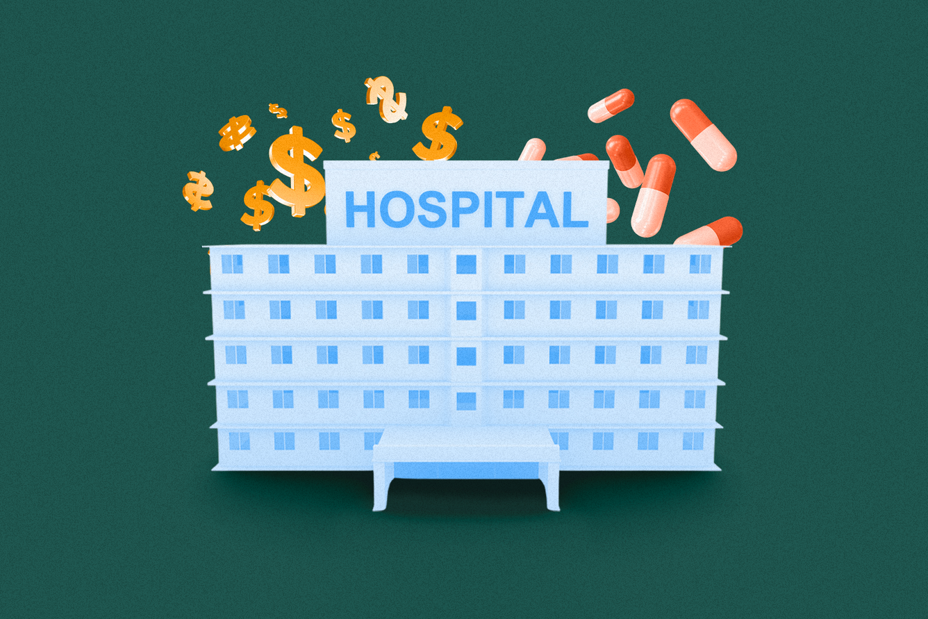 A 2D animation of a hospital with a bunch of pharma pills and dollar bill signs coming out of the top of it