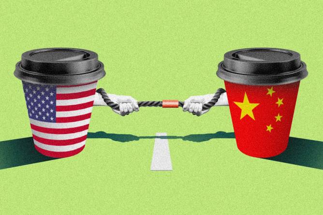 USA coffee cup and China coffee cup play tug o’ war