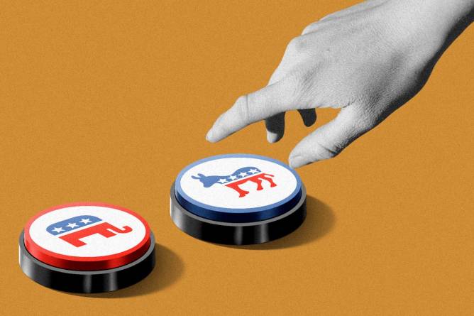 Hand hovering over two political party red and blue buttons