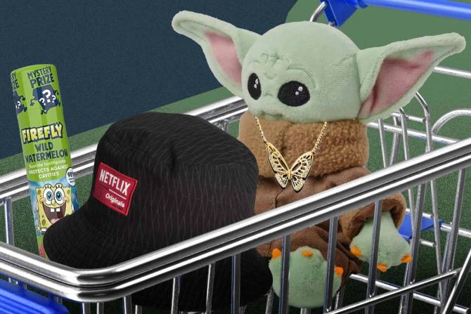 branded merch in a shopping cart
