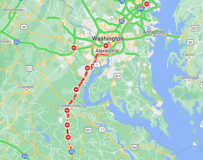 A screenshot of the I-95 traffic on Google Maps
