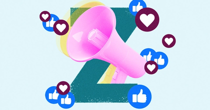 The letter Z behind a giant megaphone and social media like and heart buttons